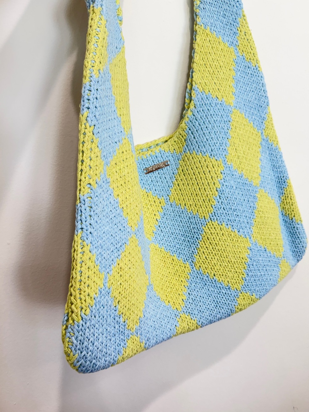 Kopari geometrical diamond green blue knit hobo beach bag tote